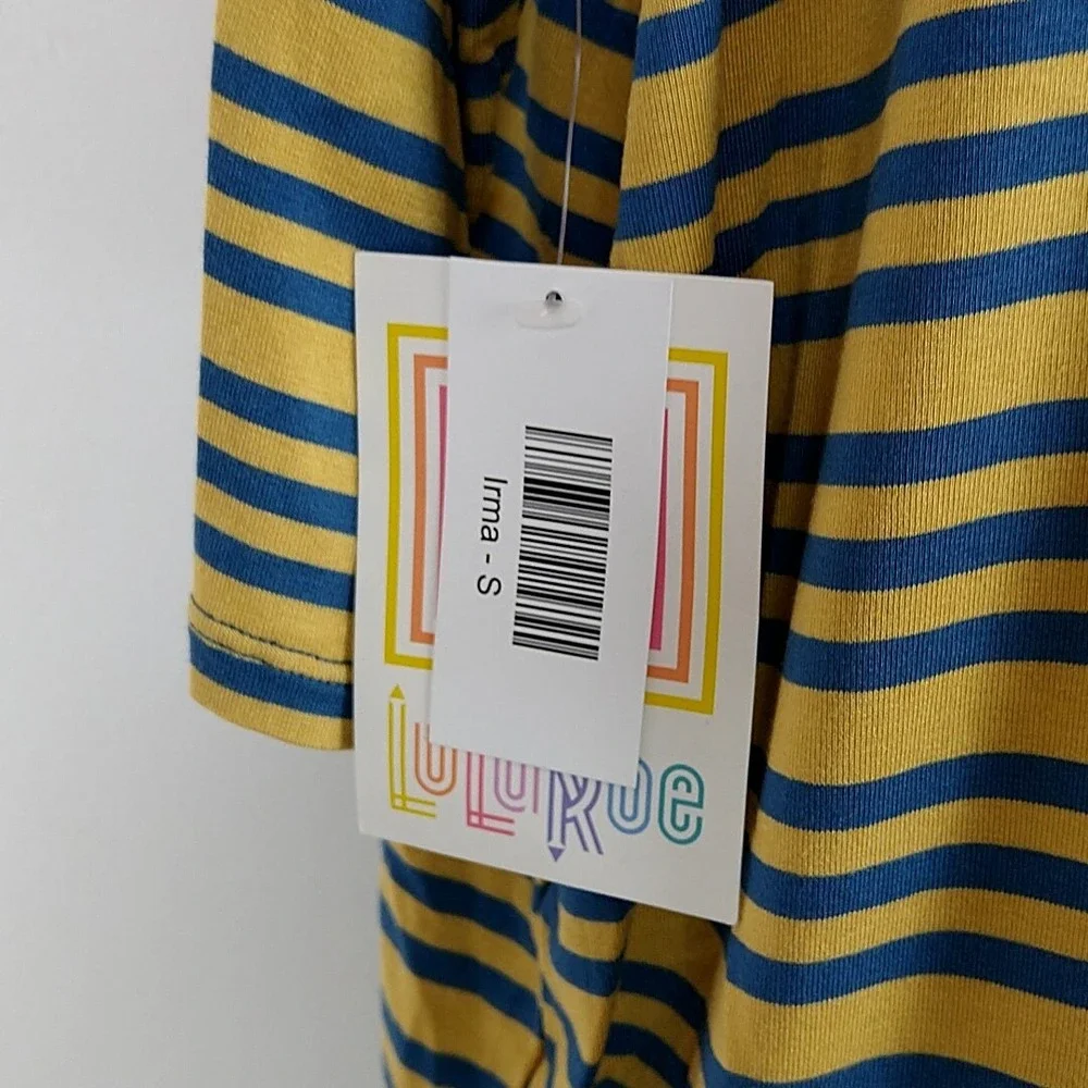 LuLaRoe Irma Tunic Top Womens Small Mustard Navy Blue Striped High Low Relaxed